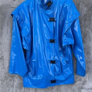 Vintage Electric Blue Vinyl Raincoat Glossy Patent Jacket Buckle Closure SZ L